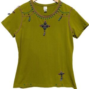 Sassy Sista's Olive Green Embellished Beaded Tassel T-Shirt Size M
